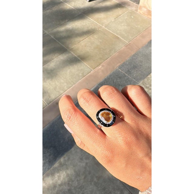 Set in 18k Gold, Ceylon Yellow Sapphire, Black Enamel & Diamonds Engagement Ring, Us Size 6 For Sale - Image 9 of 12