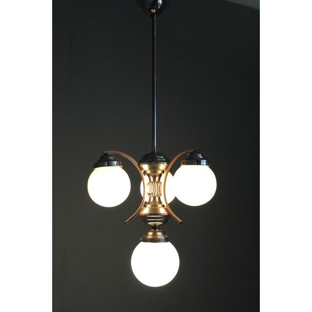 Czech Art Deco Nickel Chandelier with Rose Opaline Glass Globes, 1930s For Sale - Image 14 of 15