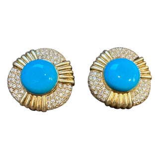 16 Ct Oval Sleeping Beauty Turquoise 3 ct Diamond Stud Earrings 14 K Yellow Gold For Sale
