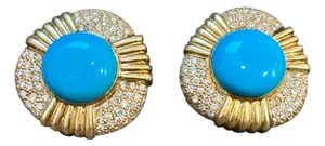16 Ct Oval Sleeping Beauty Turquoise 3 ct Diamond Stud Earrings 14 K Yellow Gold