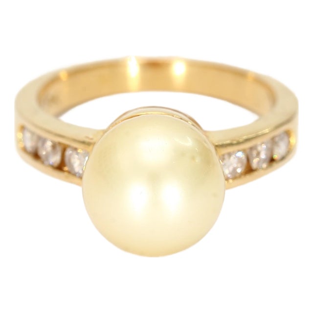 18k Yellow Gold Ring With a Yellow Pearl & Channel Set Diamond Accents - 6.25 For Sale