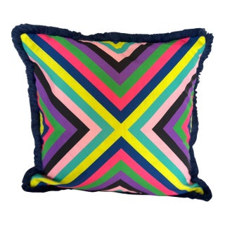 Caribbean Multicolor Stripe Pillow Cover With Navy Brush Fringe For Sale