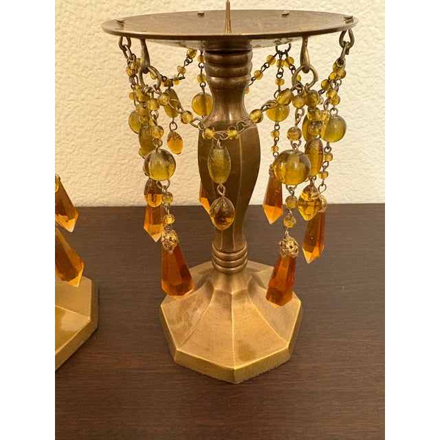 1970s Pair of Brass and Amber Prisms Candle Holders For Sale - Image 4 of 5