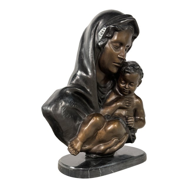 Bronze Madonna Mary and Child Relief Sculpture on Marble Base, 20” H – Wall-Mountable For Sale