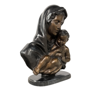 Bronze Madonna Mary and Child Relief Sculpture on Marble Base, 20” H – Wall-Mountable