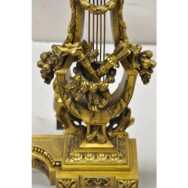 Gold Antique French Empire Neoclassical Bronze Figural Lyre Harp Andirons - A Pair For Sale - Image 8 of 12