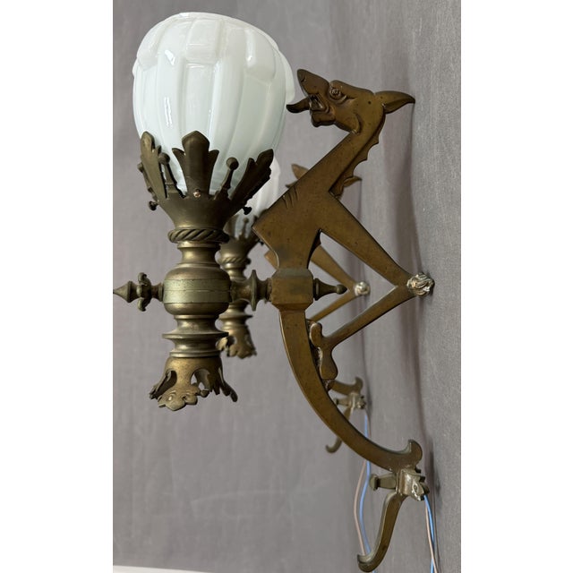 Art Deco Bronze Wall Sconces with Tulip Shades and Dragons, 1890s, Set of 2 For Sale - Image 4 of 11