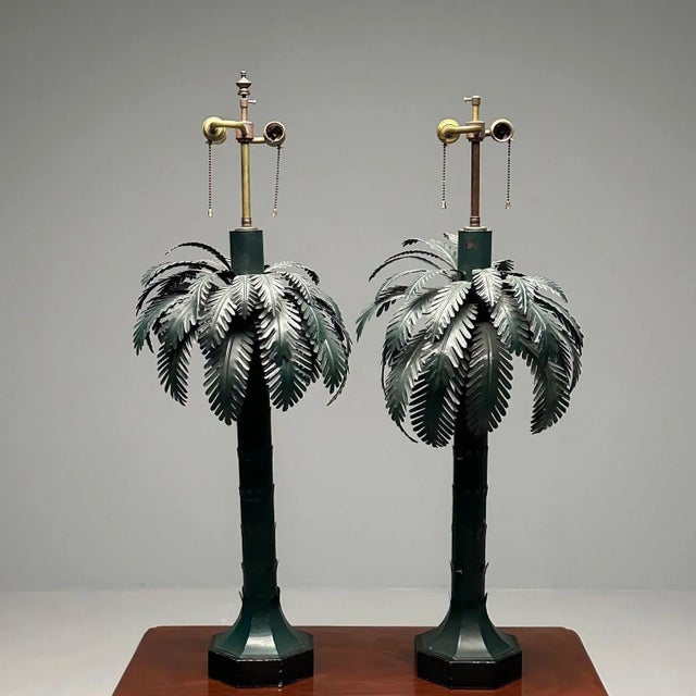 Army Green Large Pair of Mid-Century Modern Maison Jansen Style Palm Tree Lamps, Metal For Sale - Image 8 of 12