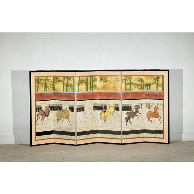 Japanese Inspired Six-Panel Screen with Horses in Stable with Bamboo Backdrop For Sale - Image 16 of 18