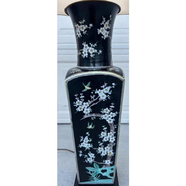 Mid 19th Century Antique Large Chinese Famille Noire Square Porcelain Vase Table Lamp 36" For Sale - Image 5 of 18