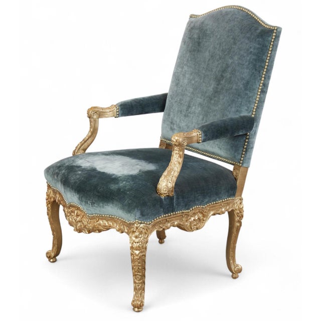 Quatrain for Dessin Fournir Louis XV Style Giltwood Fauteuil Arm Chair W Blue Silk Velvet For Sale In Los Angeles - Image 6 of 6