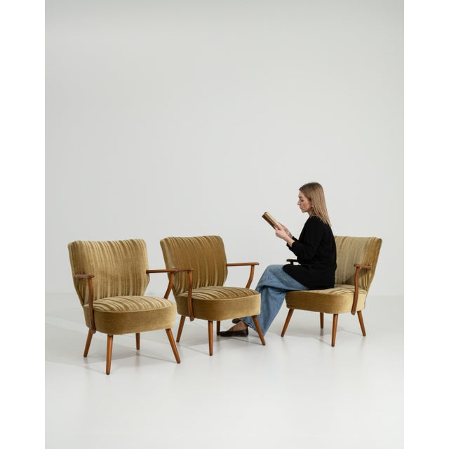 Wood Set of Three Mid-Century Modern Upholstered Armchairs Gold Bronze For Sale - Image 7 of 13