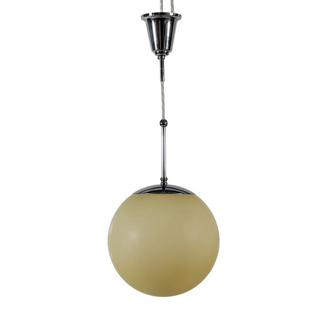 Art Deco Ball-Shaped Pendant in Light Yellow Shade + Chrome, Denmark, 1930s For Sale