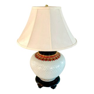 1970s Hand Painted Ginger Jar Lamp W/Shade For Sale