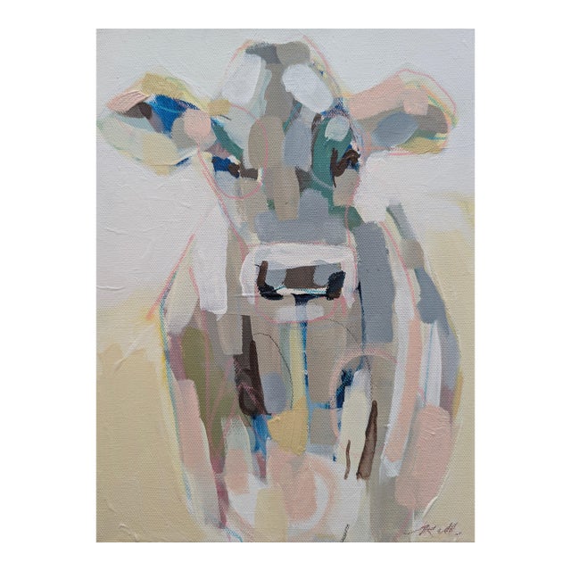 Brown and Pink Swiss - Original Expressive Cow Portrait Mixed Media Acrylic Painting For Sale