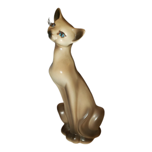 Vintage Mid Century Ceramic Siamese Cat Figurine With Blue Eyes & Long Lashes