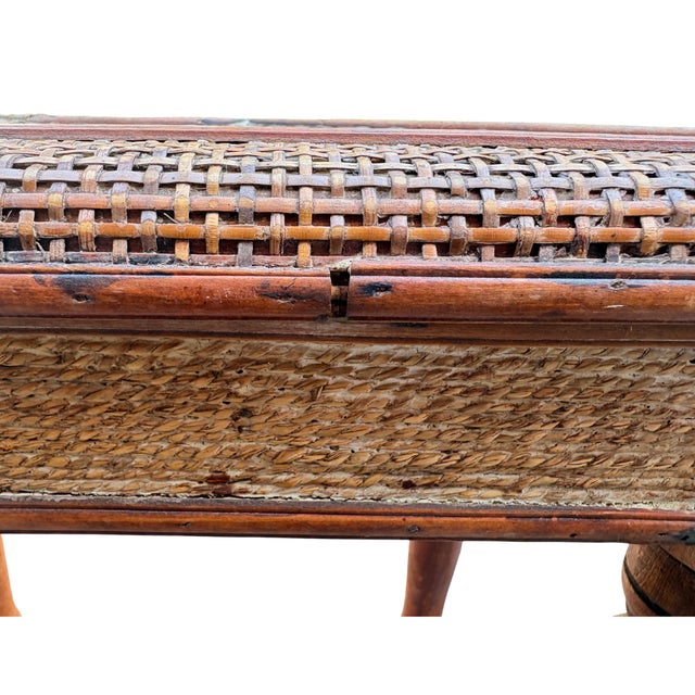 Brown Vintage Rattan and Wood Side Table With Decorative Brass Medallion For Sale - Image 8 of 9
