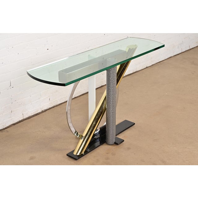 Mid-Century Modern Kaizo Oto for Design Institute of America Postmodern Sculptural Steel and Brass Glass Top Console Table, 1980s For Sale - Image 3 of 10