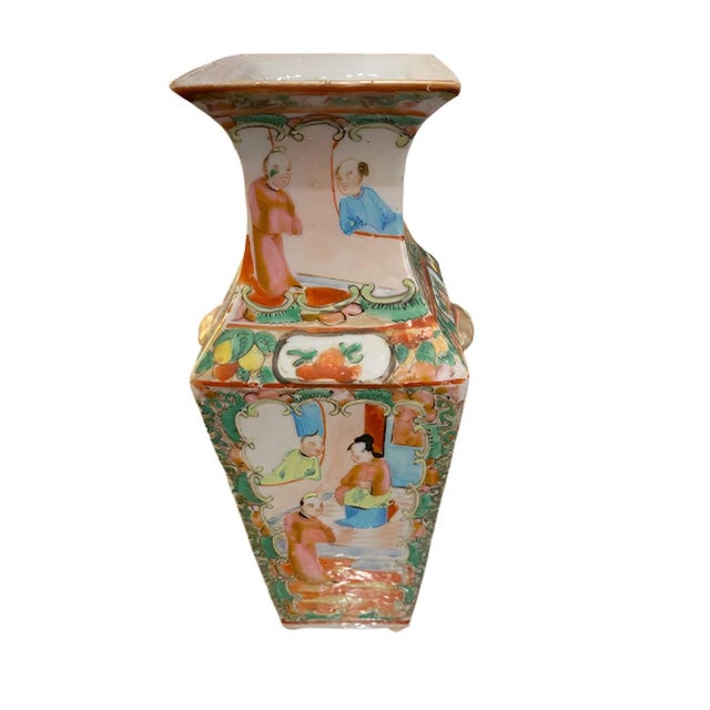 Chinoiserie Antique Square Rose Medallion Vase For Sale - Image 3 of 5