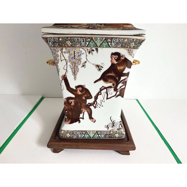 1950s Porcelain Monkeys Lamp & Shade For Sale - Image 11 of 18