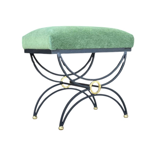 Dark Green 1980s Hand-Forged Sculptural Wrought Iron Accent Benches in Dark Green Mohair- A Pair For Sale - Image 8 of 13
