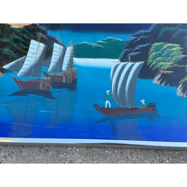 Textile Vintage Mid-Century Japanese Scenic Silk Paintings in Steel Frames, Pair For Sale - Image 7 of 12