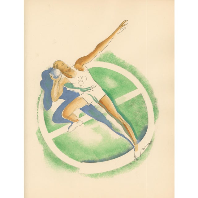 Original 1932 Art Deco sporting print by Milivoj Uzelac depicting a discus thrower at the moment of release. The circular...