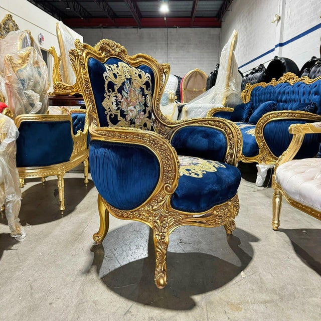 Blue Bergère Wing Chair – French Style Armchair With Gold Leaf Details For Sale - Image 4 of 8
