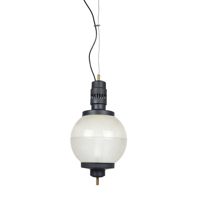 Black aluminum body with 2 hemispherical glass lampshades. Very good condition: oxidation spots on the brass parts. Main...