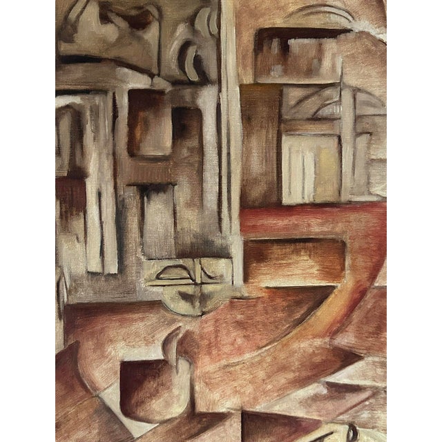 Signed acrylic canvas by Belgian artist Erik Tibau, created in the 1970s. The piece reflects cubist abstraction rendered...