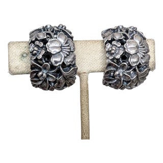 Vintage 1970s Signed Napier Silvertone Floral Half Hoop Clip Earrings-2 Pieces For Sale