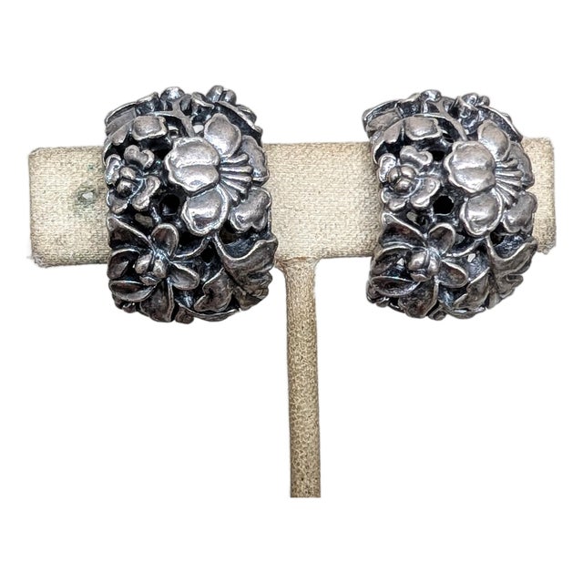 Vintage 1970s Signed Napier Silvertone Floral Half Hoop Clip Earrings-2 Pieces For Sale