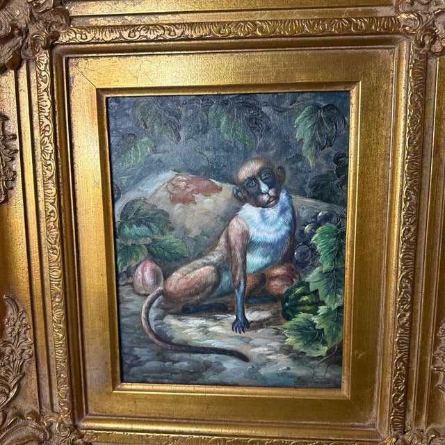 1970s Vintage Oil on Canvas Monkey Painting ~Framed For Sale - Image 9 of 11