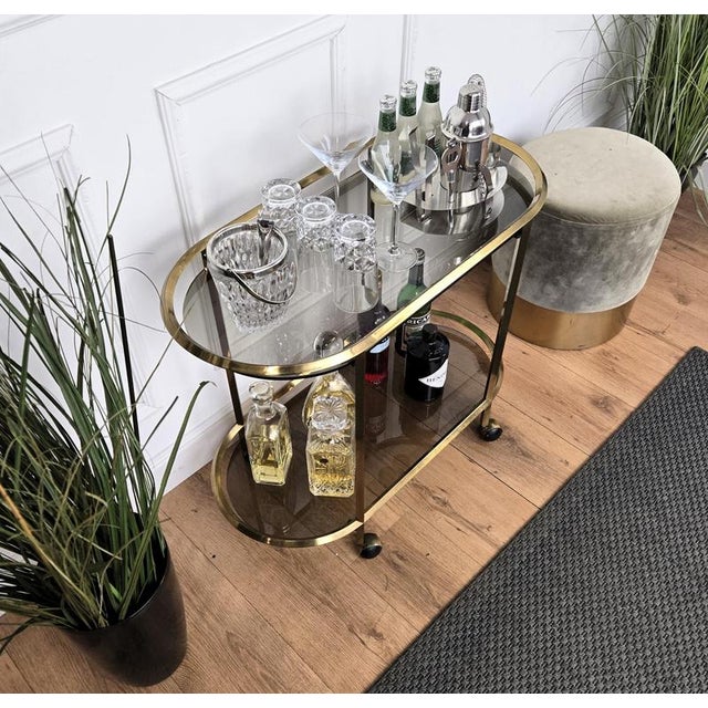 1970s Italian Two-Tier Brass and Glass Bar Cart with Dark Glass Top by Milo Baughman, 1970s For Sale - Image 5 of 9