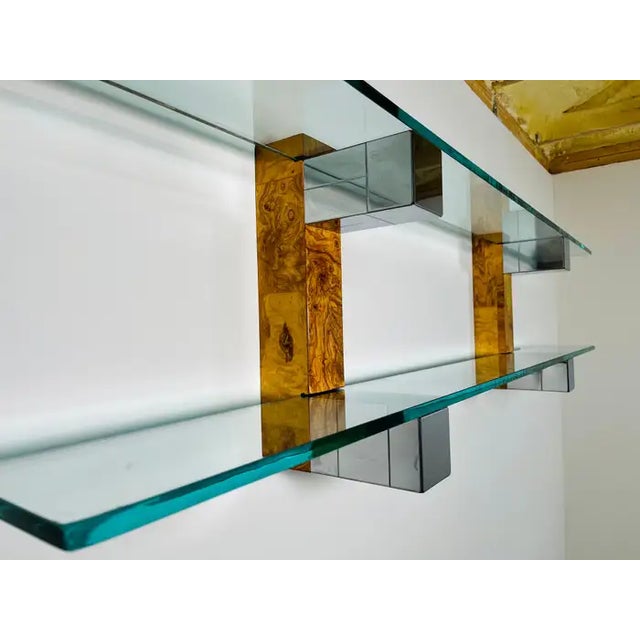 Paul Evans Paul Evans Cityscape Chrome and Burlwood Double Wall Hanging Shelf For Sale - Image 4 of 8