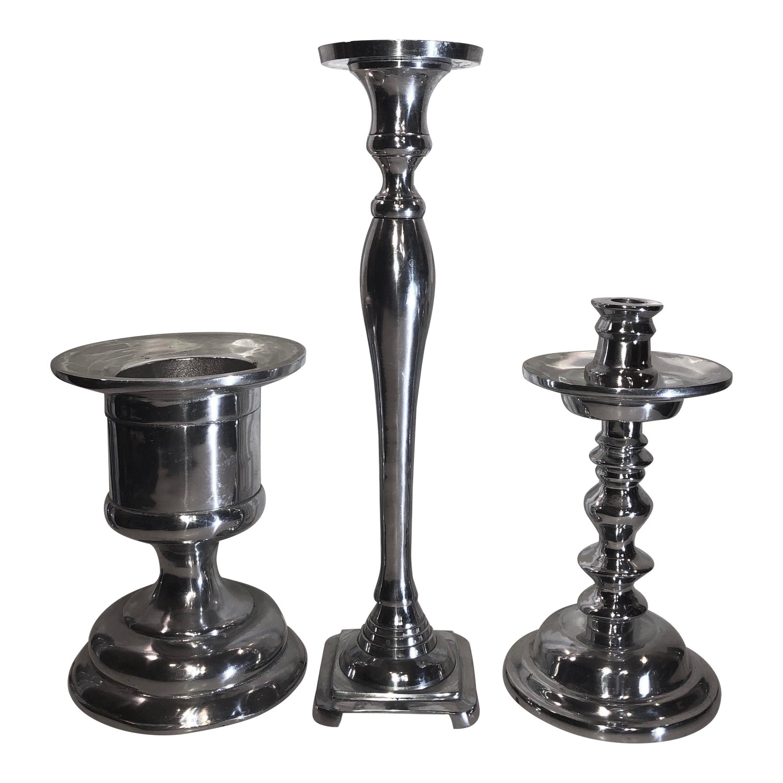 * 3 Polished Pewter Hollowware Candle Holders Tall Silver Taper and