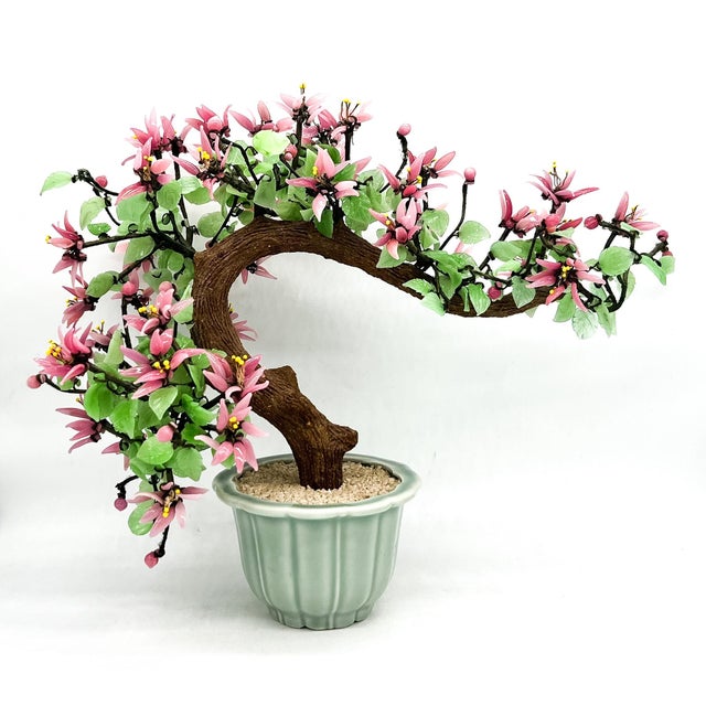 Global Views Oversized Handcrafted Glass Jade Blossom Bonsai Tree in Celadon Pot – Asian / Chinoiserie For Sale - Image 4 of 12