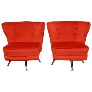Mid-Century Theo Ruth Style Velveteen Swivel Lounge Chairs - A Pair For Sale