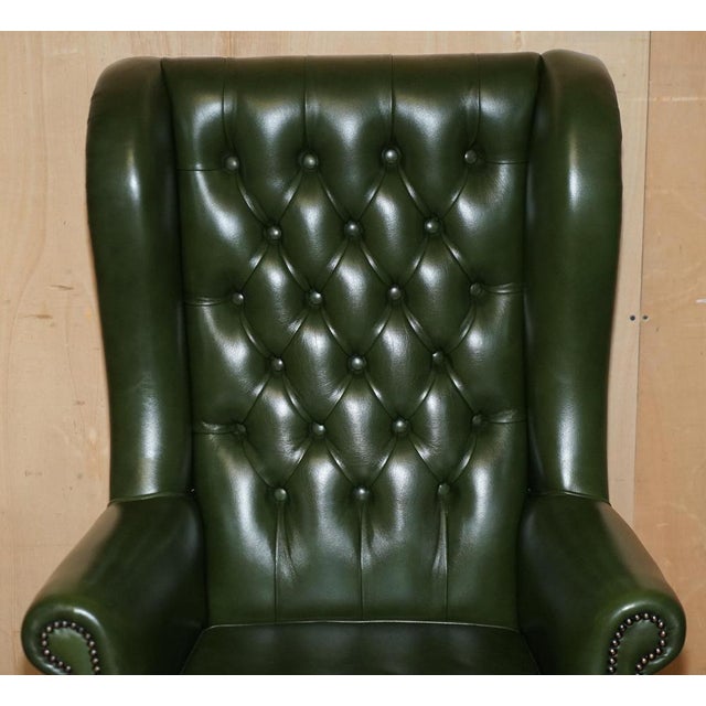 Chesterfield Wingback Swivel Chair in Green Leather For Sale - Image 3 of 18