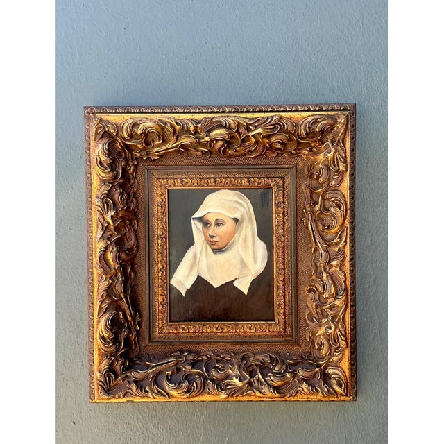 This vintage framed portrait painting captures a contemplative woman rendered in oil, her figure gazing thoughtfully to...