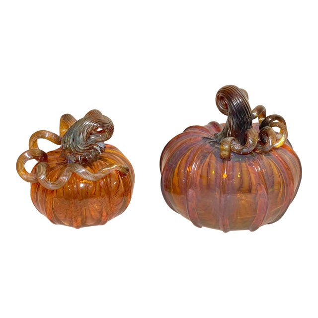 Share Pair of Vintage Hand Blown Studio Glass Iridescent Orange Pumpkin Sculpture For Sale