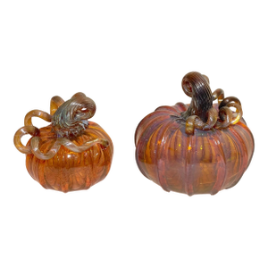 Share Pair of Vintage Hand Blown Studio Glass Iridescent Orange Pumpkin Sculpture
