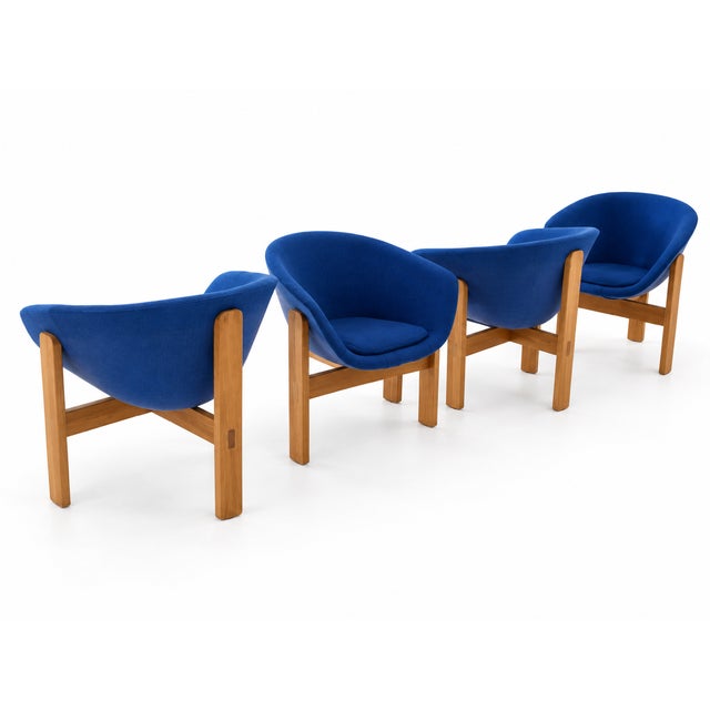 Mid-Century Modern Set of Four Scandinavian Modern Blue Upholstered Tub Chairs With Oak Tripod Bases For Sale - Image 3 of 7