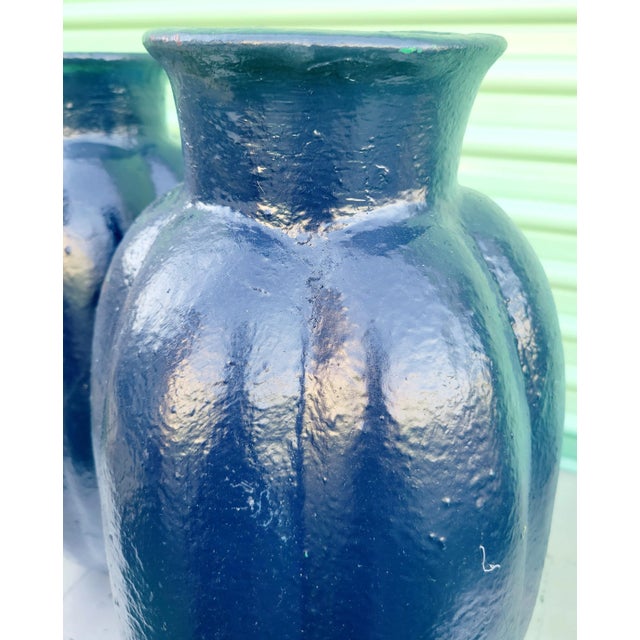 Chelsea House Inc Custom Painted Navy Blue Large Clay Floral Vases Vessels- a Pair For Sale - Image 4 of 9