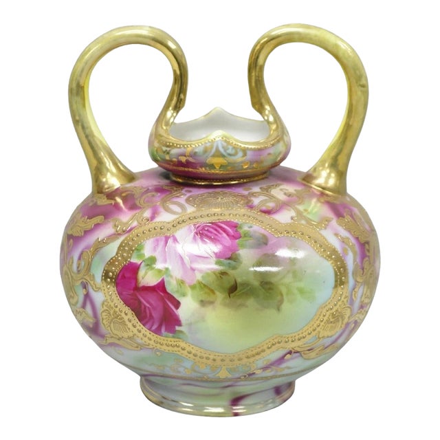 Antique Austrian Hand Painted Moriage Porcelain Double Swung Handle Bulbous Vase For Sale