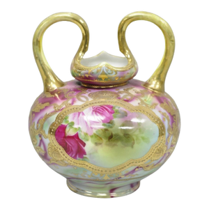 Antique Austrian Hand Painted Moriage Porcelain Double Swung Handle Bulbous Vase
