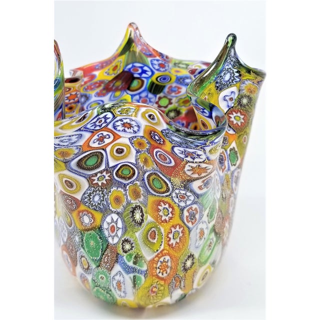 Metal Vintage Murano Glass Hankerchief Vase - Millifiori and Gold by Campanella- Signed - Italy Italian Palm Beach Boho Chic Mid Century Modern For Sale - Image 7 of 13