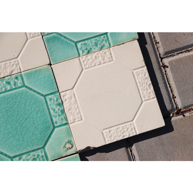 Mint Art Deco Set of Seven Large Portuguese Glazed Tiles Mint Green & White Geometric Design c.1910s For Sale - Image 8 of 13