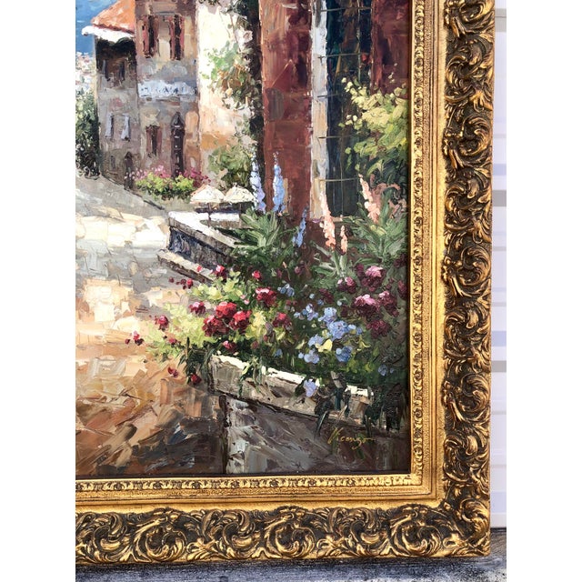 Large Vintage Mediterranean Street Coastal Landscape Oil Painting Ornate Gold Wood Frame For Sale - Image 10 of 13
