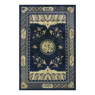 1920s Navy Blue Birds Medallion Antique Chinese Peking Carpet Knotted Wool Rug For Sale